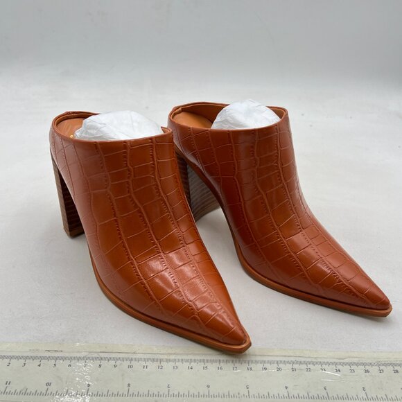 FOWT Crocodile Brown Pointed Toe Slip On Mules Stacked Block High Heel Sandal - Picture 4 of 8